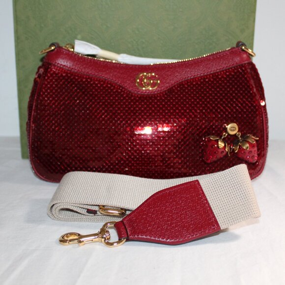 NWT GUCCI GG Ophidia Raso Seta Pail Sequin Strawberry TwoWay Shoulder Bag 735132 - Picture 5 of 14